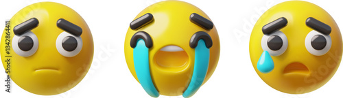 Unhappy sad emoji emoticon vector 3D set, cartoon yellow sad face with a tears, cry face avatar afflicted expression