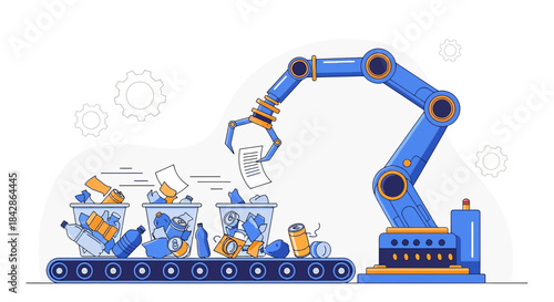 Robotic arm sorting recyclable materials on a conveyor belt in a processing plant