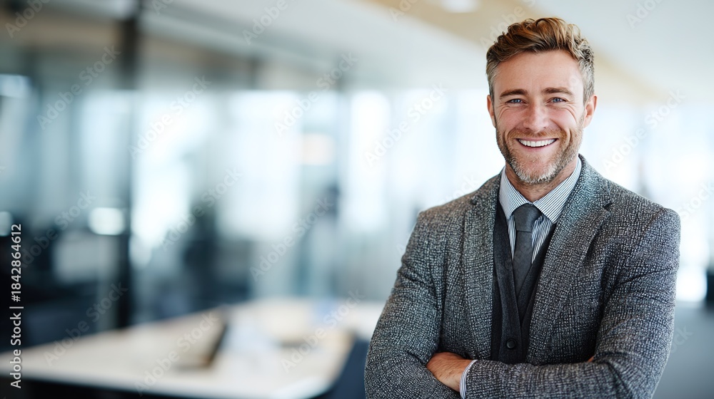 Obraz premium Confident Business Leader: A smiling man, exudes confidence and professionalism in a modern office environment. His poised stance and warm expression showcase both approachability and authority. 