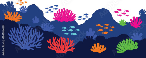 Vibrant underwater coral reef scene with diverse marine life and colorful flora full of tropical fish swimming gracefully amidst aquatic plants isolated on white background