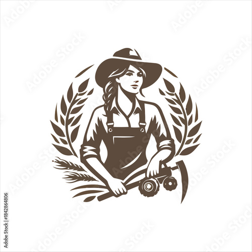 Illustration of a Farmer Woman with Wheat Stalks and Harvesting Tools, Symbolizing Agriculture and Rural Life