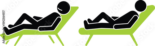 Two silhouetted figures relaxing in bright green modern lounge chairs