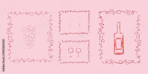 Hand drawn wine themed illustrations with grapes glasses and bottles