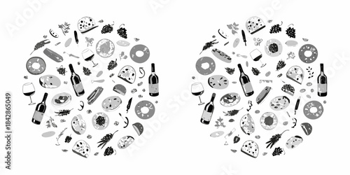 Detailed black and white illustration of circular food arrangements