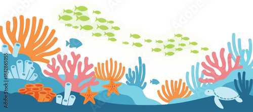 Vibrant underwater coral reef scene with diverse marine life and aquatic plants for peaceful ocean exploration isolated on white background