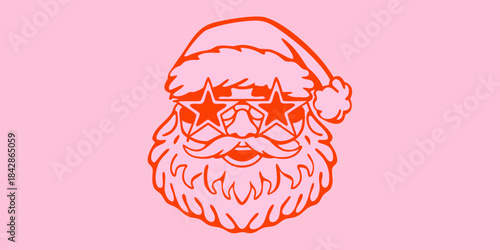 Cool santa claus face with star shaped sunglasses and a red outline