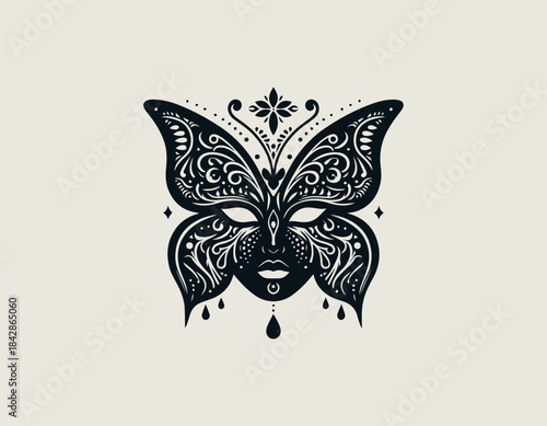 Intricate decorative butterfly wings masquerade mask covering a seductive woman's face vector illustration. Mystery performance concept