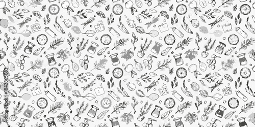A delightful pattern of hand drawn kitchen objects and culinary ingredients