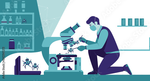 Robotics engineer examining miniature robots through a high powered microscope in the laboratory