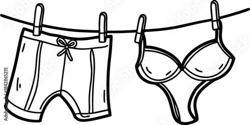 A simple black and white sketch of underwear and a bra hanging on a line