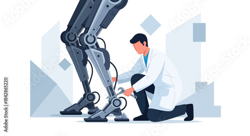 Robotics Technician Fixing Robot Leg: Modern Technology and Engineering Concept Visualization