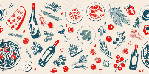 A delightful pattern featuring italian food wine and fresh ingredients