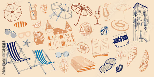 A collection of summery illustrations beach items architecture and refreshments