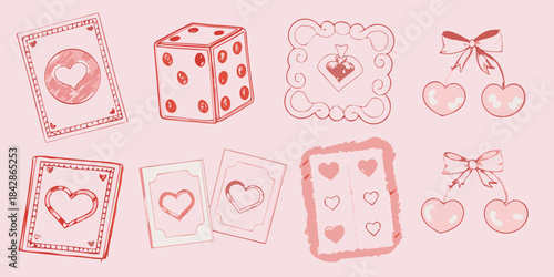 A collection of pink sketched playing cards dice cherries and heart motifs