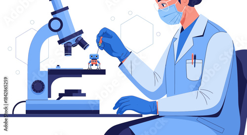 Scientist analyzes a miniature robot with a microscope in a modern laboratory setting for