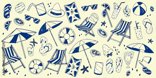 A collection of hand drawn summer themed items on a light background