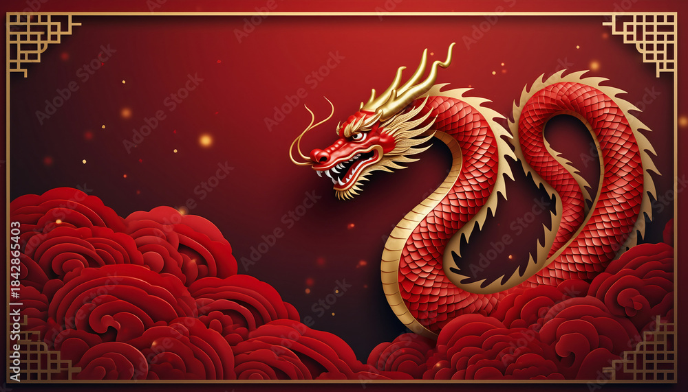 Fototapeta premium Red and gold Chinese dragon coiled amidst red clouds with golden decorative border aesthetic.