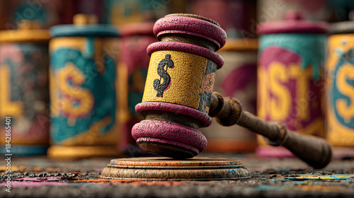 A colorful gavel and money-themed jars symbolize legal actions and financial transactions in an artistic, creative style.