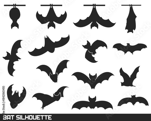 “Black bat silhouette set featuring multiple flying and hanging poses for spooky design themes. Ideal for Halloween graphics, decorations, and digital artwork. Clean vector shapes enhance creative ver
