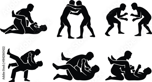 Set of Mixed Martial Arts Fighters Silhouettes Grappling and Wrestling in Different Poses Vector Illustration.