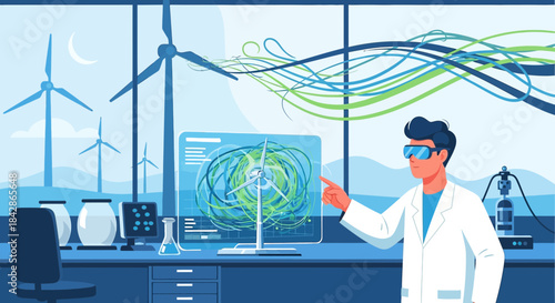 Scientist Analyzing Wind Turbine Energy Data on Holographic Display for Sustainable Solutions