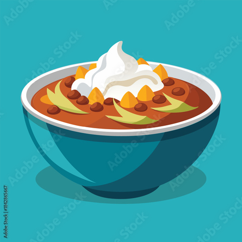 A bowl of chili with whipped cream and toppings