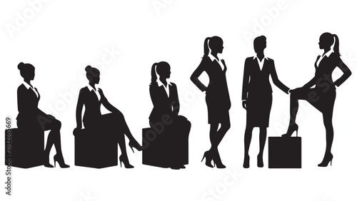 Set of Vector Silhouettes Businesswomen in Various Poses