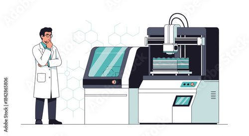 Scientist contemplates advanced manufacturing in 3D printing laboratory environment for innovation