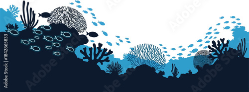 Abstract aquatic underwater scene with blue and teal coral reef formations and bubbles against white space isolated on white background