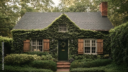 Fototapeta Naklejka Na Ścianę i Meble -  Small colonial cottage with timber shutters and vine-covered entryway 