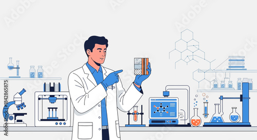 Scientist examines layered material sample within a modern laboratory environment illustration