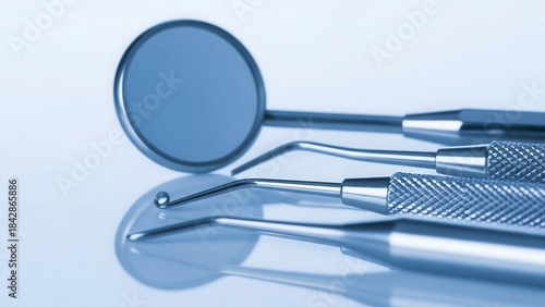 Close-up of shiny sterile dental instruments on a reflective light surface, healthcare concept.