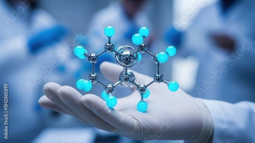 Scientist in lab holding glowing molecular model representing scientific breakthrough