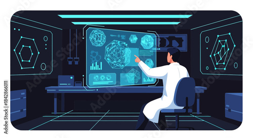 Scientist examining holographic data display in futuristic laboratory setting with advanced