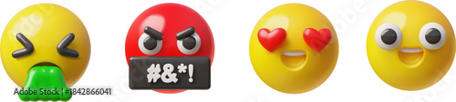 Emoji emoticon realistic 3D design vector icons set, happy, enamored with heart-shaped eyes, vomit and swear round faces