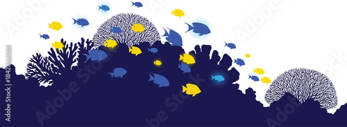 Vibrant underwater coral reef scene with diverse aquatic life and colorful shimmering fish creating a magical ocean ambiance for nature and wildlife photography isolated on white background