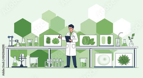 Scientist Examining Plant Samples in a Laboratory with Hexagonal Background Illustration