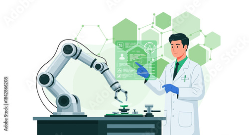 Scientist manages robotic arm, interacting with holographic interface in lab environment