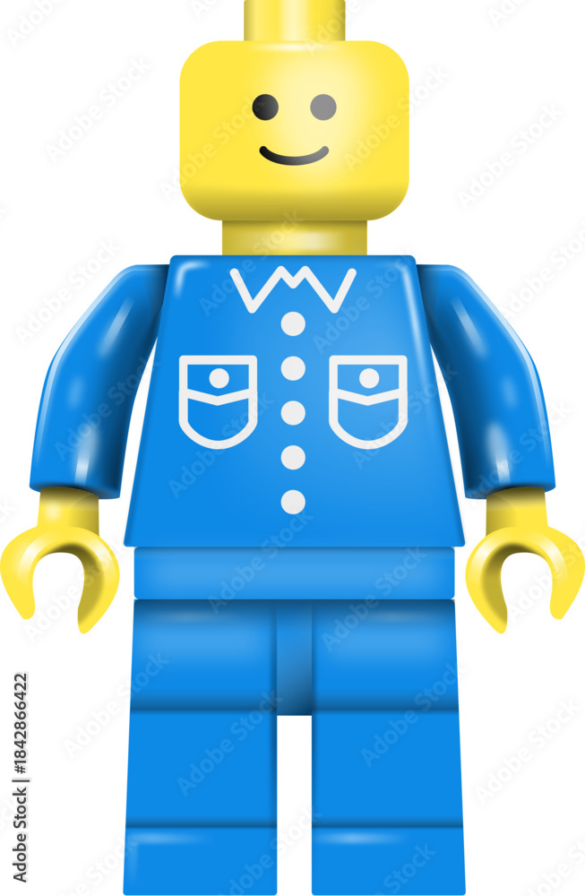 Fototapeta premium Classic Lego Worker Toy Brick Minifigure – Color-Changeable Vector Character Illustration with Handyman Construction Worker Outfit