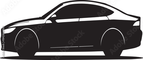 Black silhouette of a modern sedan car on white background automobile vehicle