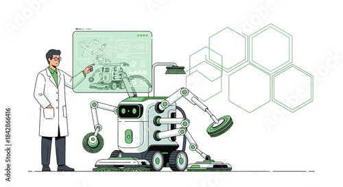 Scientist with a cleaning robot innovation, engineering and design for sanitation technology