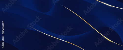 Luxury Dark Blue Abstract Background with Glowing  Golden Waves. Elegant Corporate Design Backdrop. Futuristic Technology Concept