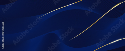 Luxury Dark Blue Abstract Background with Glowing Golden Waves. Elegant Corporate Design Backdrop.