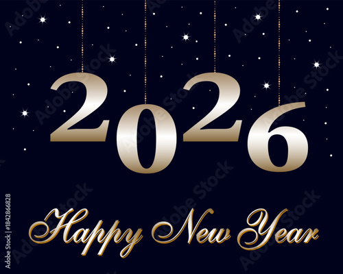 New Year text and numbers on a black background with stars.Vector illustration with golden New Year numbers and text on a black background with decor.