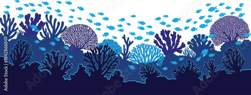 Vibrant underwater scene with diverse coral reef flora and fauna in shades of blue and teal deep sea ecosystem isolated on white background