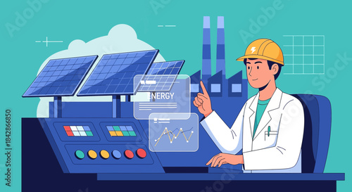 Solar panel engineer overseeing renewable energy production monitoring system efficiency