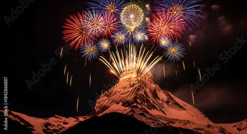 Spectacular vibrant fireworks display erupting from the peak of a majestic mountain creating a dazzling celebration of light and color against the night sky