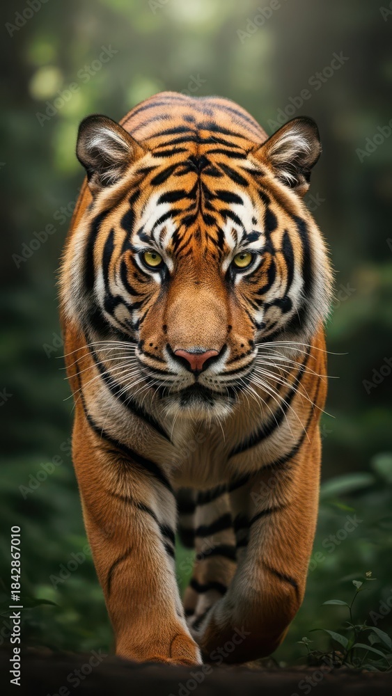 Fototapeta premium Majestic tiger with intense gaze walks forward in lush green forest environment