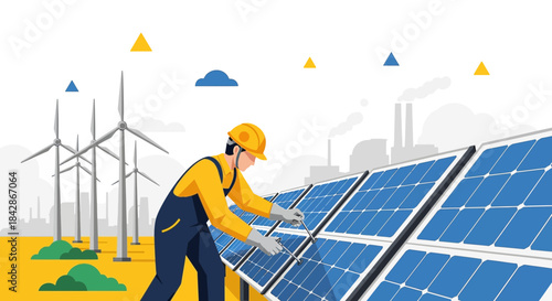 Sustainability initiative showcasing technician working on solar panels with wind turbines