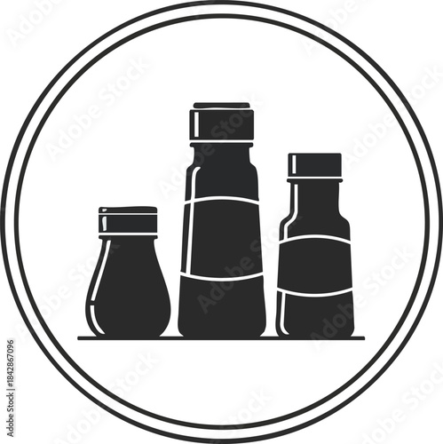 Minimalist Vector Icon of Three Jars and Bottles in Black and White